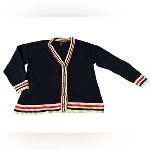 GAP oversized navy cardigan with red and cream accents.